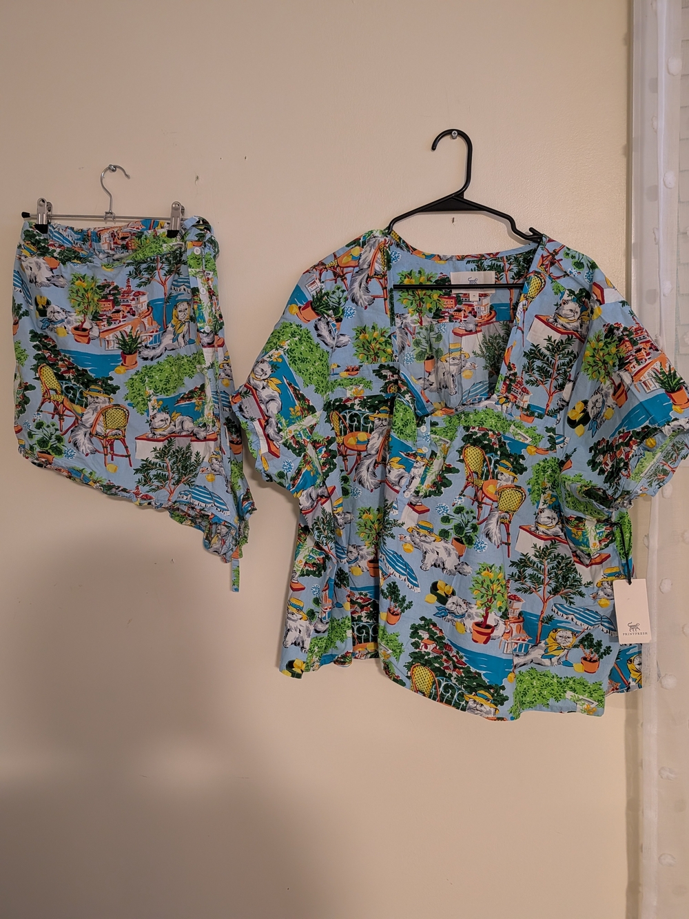 Light Blue printfresh Pajama Set with Cat Print